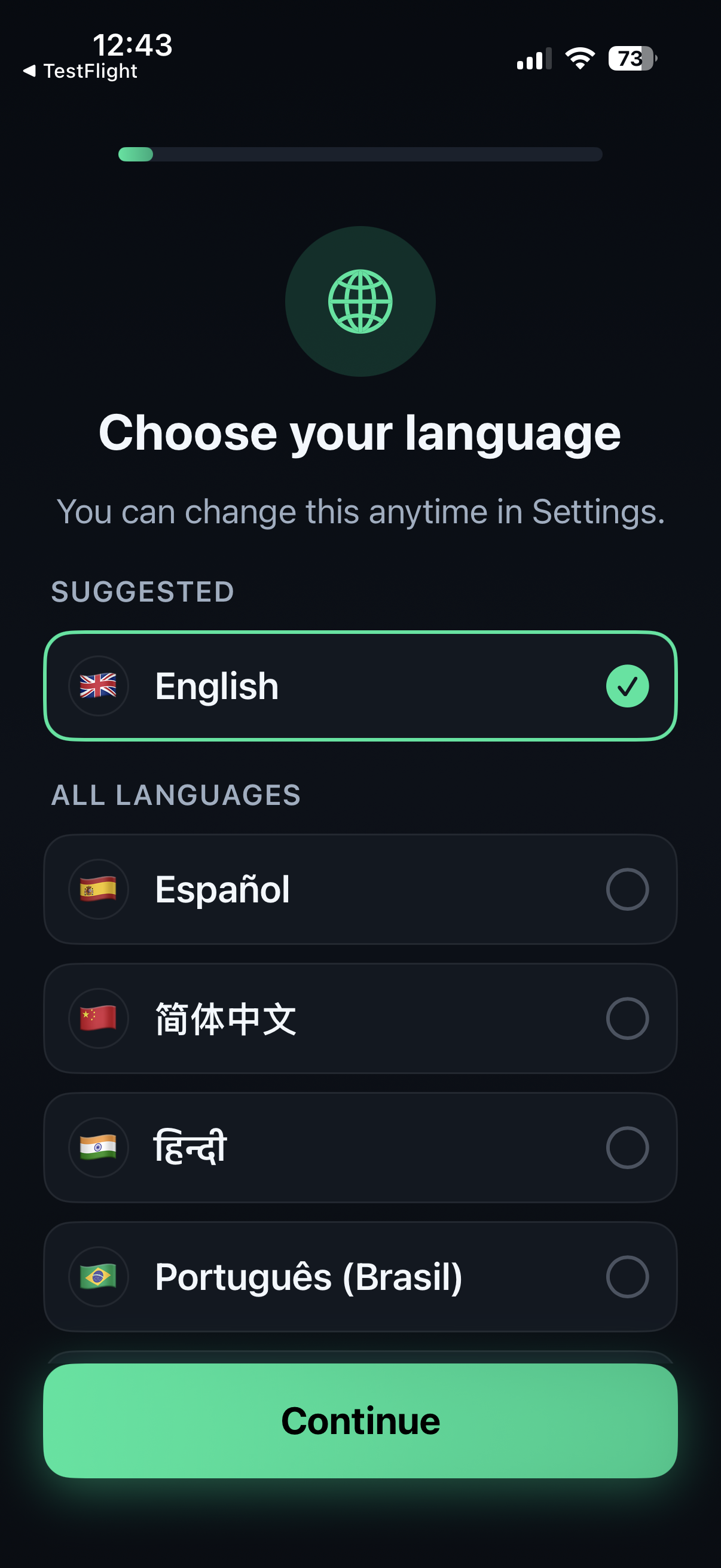 TradeGPT language selection screen