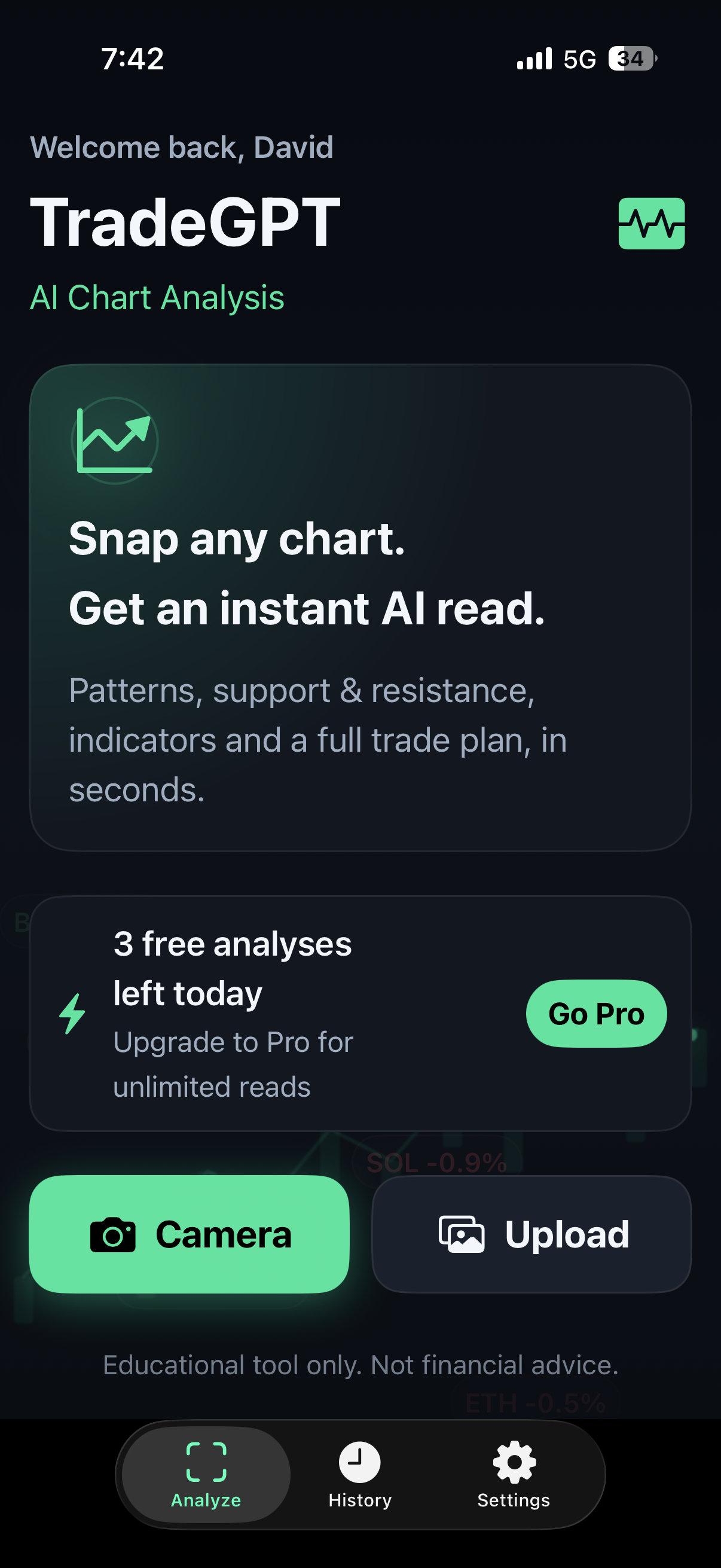 TradeGPT home screen with recent chart scans